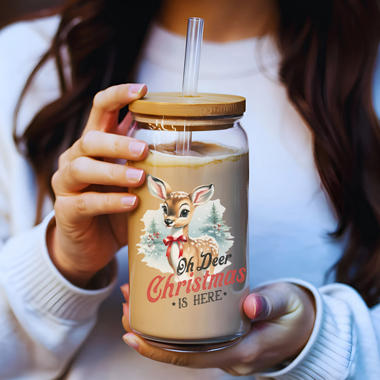 Oh Deer Christmas Is Here Glass Tumbler