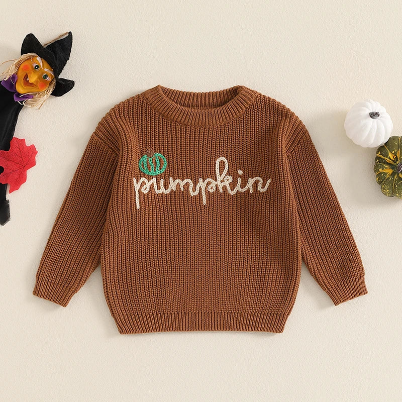 Pumpkin Embroidered Knitted Autumn Sweater