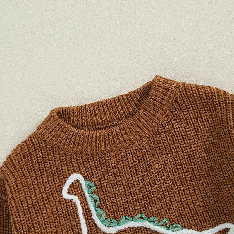 Autumn Winter Baby Boys Sweater – Dinosaur Embroidered Ribbed Knitted Pullover | Long Sleeve Round Neck