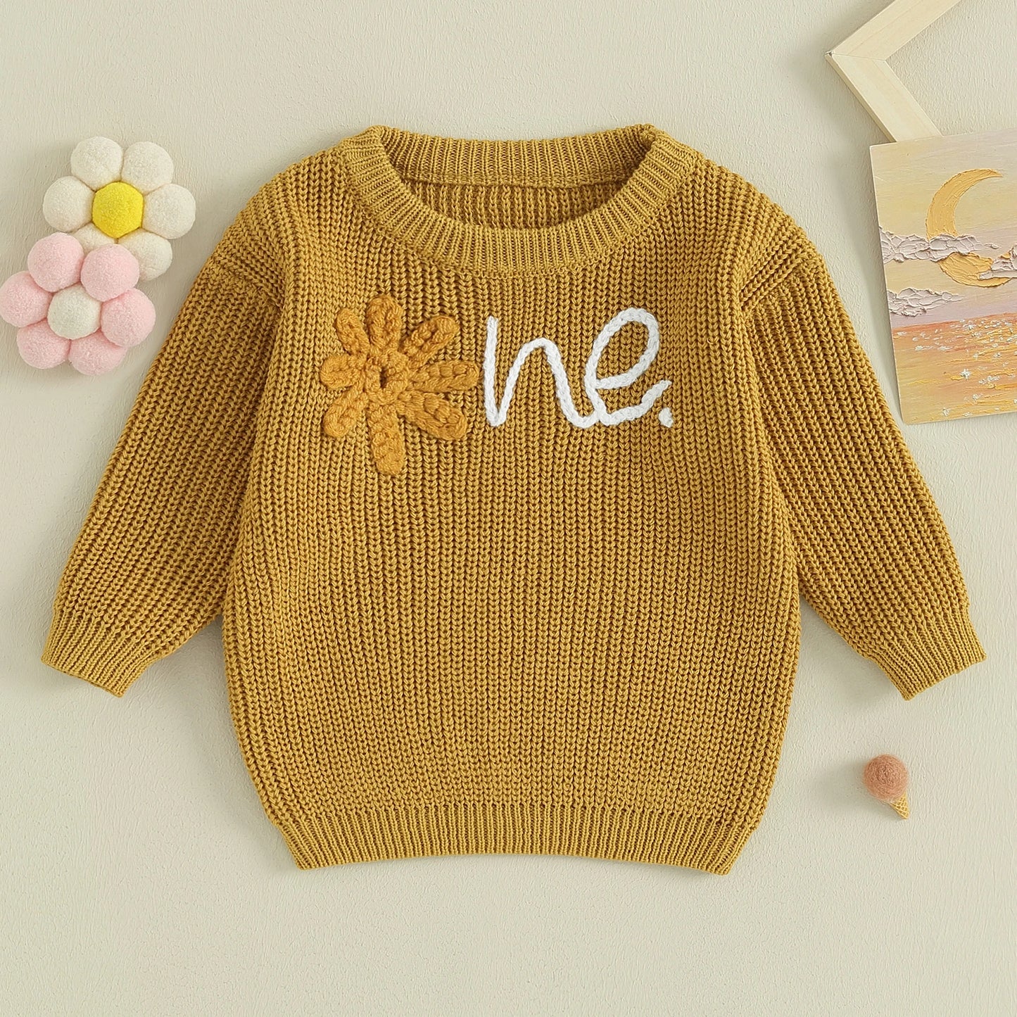 Alphabet One Flower Embroidery 1st Birthday Baby Sweater