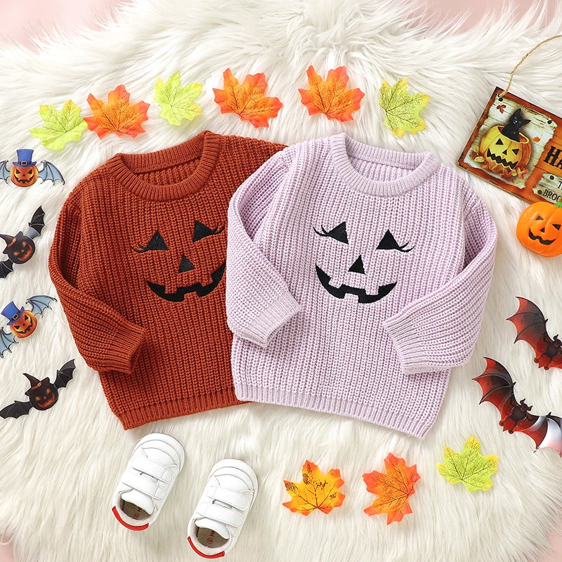 Halloween Embroidered Pumpkin Face Sweater