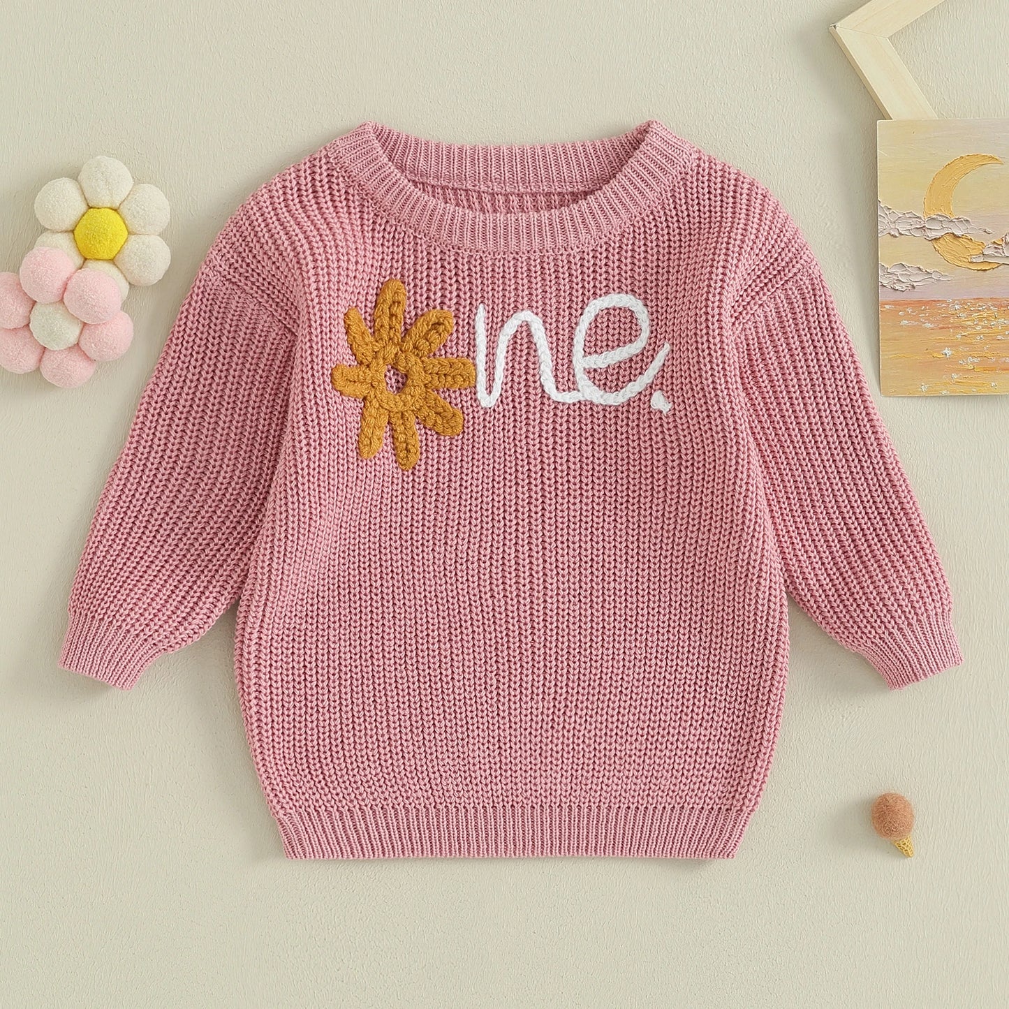 Alphabet One Flower Embroidery 1st Birthday Baby Sweater