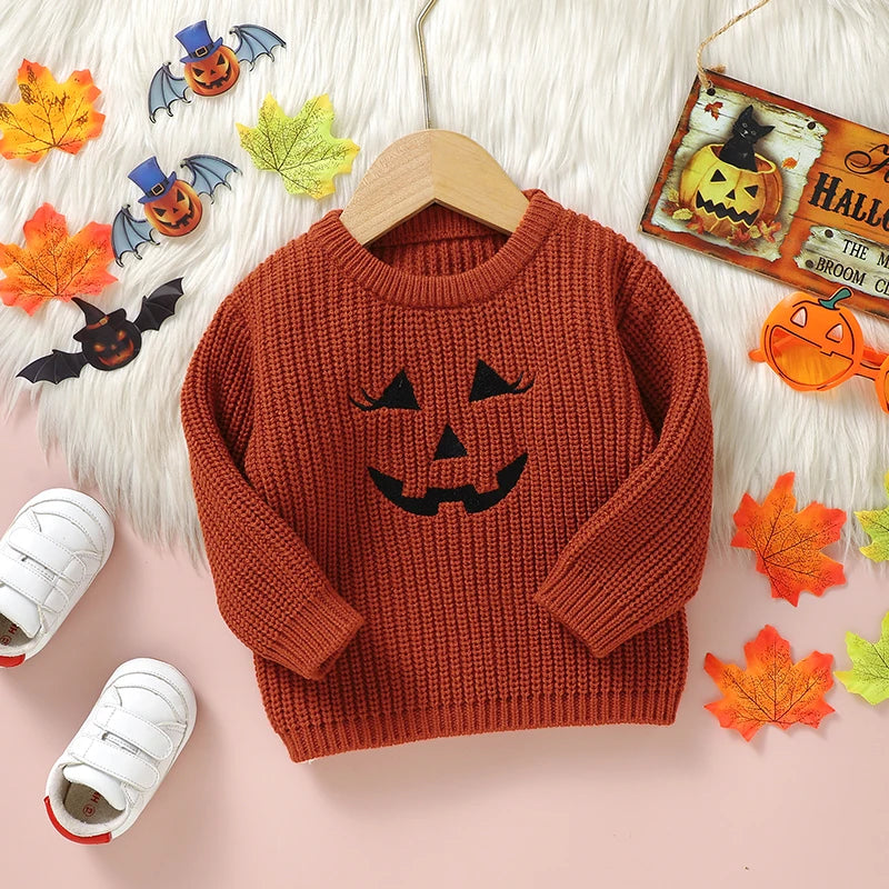 Halloween Embroidered Pumpkin Face Sweater