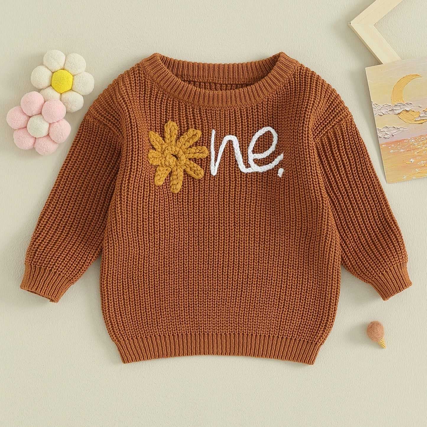 Alphabet One Flower Embroidery 1st Birthday Baby Sweater