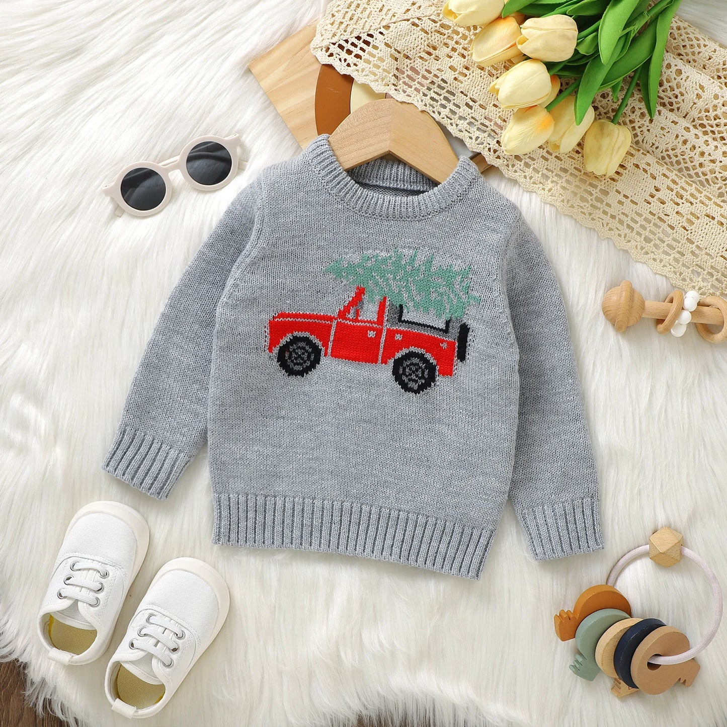 Cartoon Car Long Sleeve Christmas Sweater