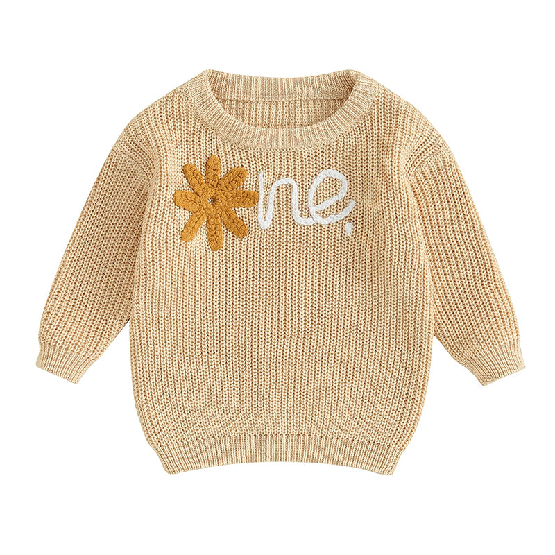 Alphabet One Flower Embroidery 1st Birthday Baby Sweater