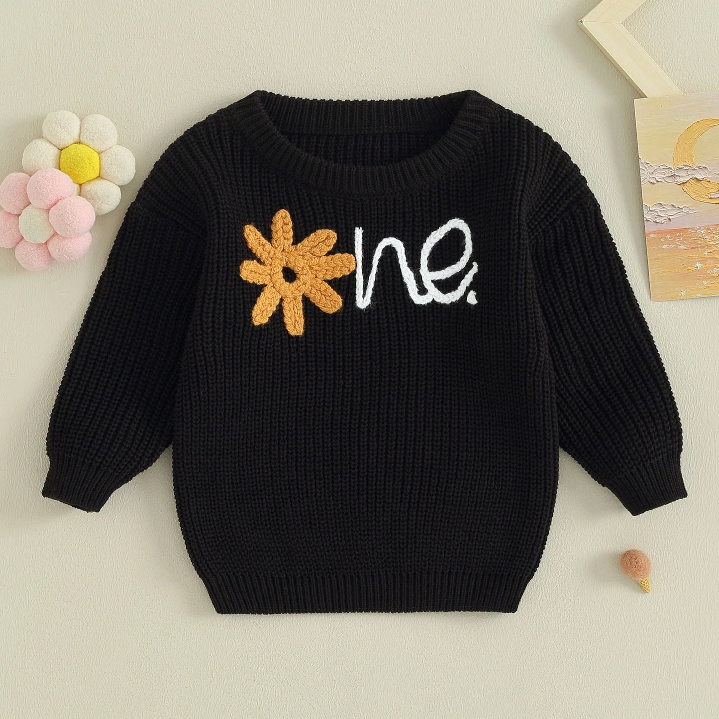 Alphabet One Flower Embroidery 1st Birthday Baby Sweater