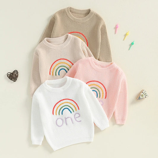 Rainbow Embroidery 1st Birthday Baby Sweater