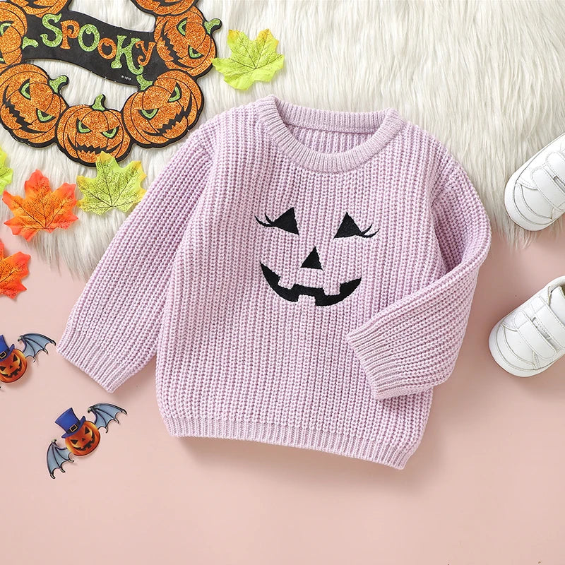 Halloween Embroidered Pumpkin Face Sweater