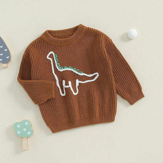 Autumn Winter Baby Boys Sweater – Dinosaur Embroidered Ribbed Knitted Pullover | Long Sleeve Round Neck