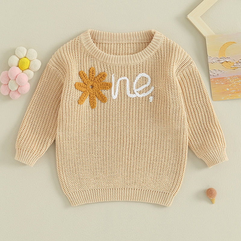 Alphabet One Flower Embroidery 1st Birthday Baby Sweater