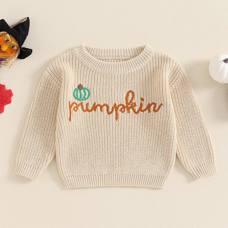 Pumpkin Embroidered Knitted Autumn Sweater