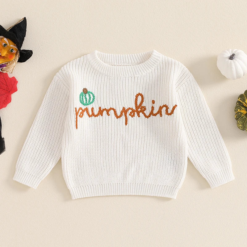 Pumpkin Embroidered Knitted Autumn Sweater