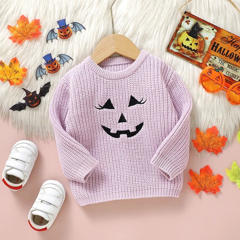 Halloween Embroidered Pumpkin Face Sweater