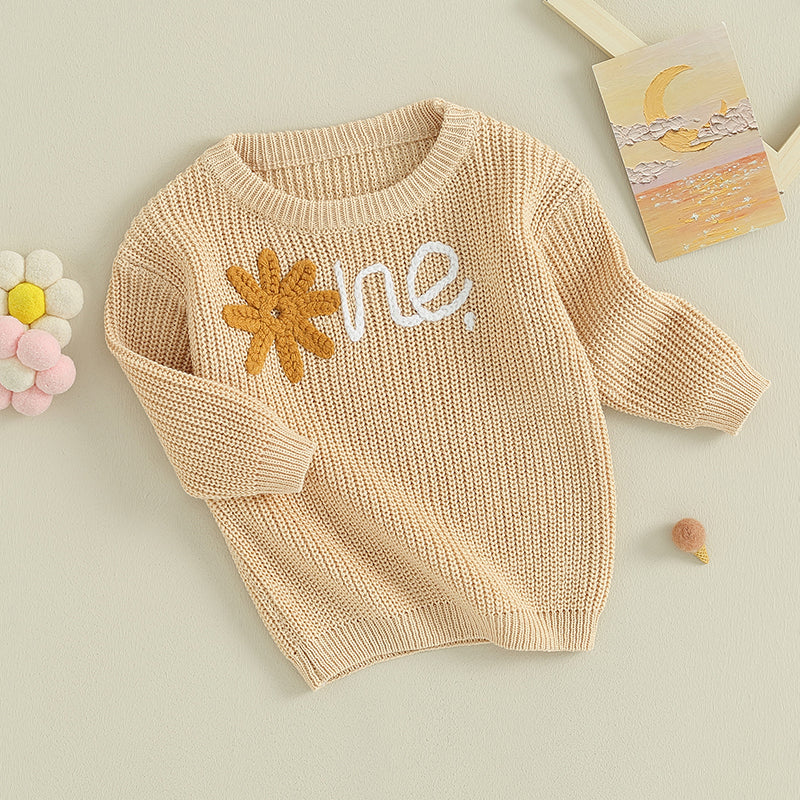 Alphabet One Flower Embroidery 1st Birthday Baby Sweater