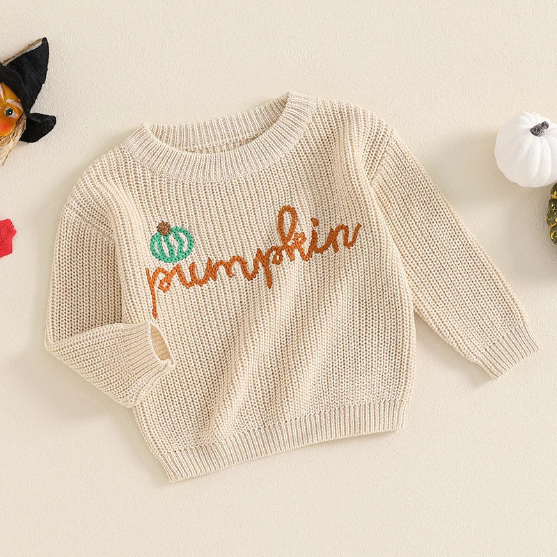 Pumpkin Embroidered Knitted Autumn Sweater