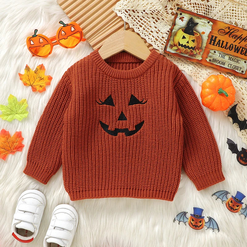 Halloween Embroidered Pumpkin Face Sweater